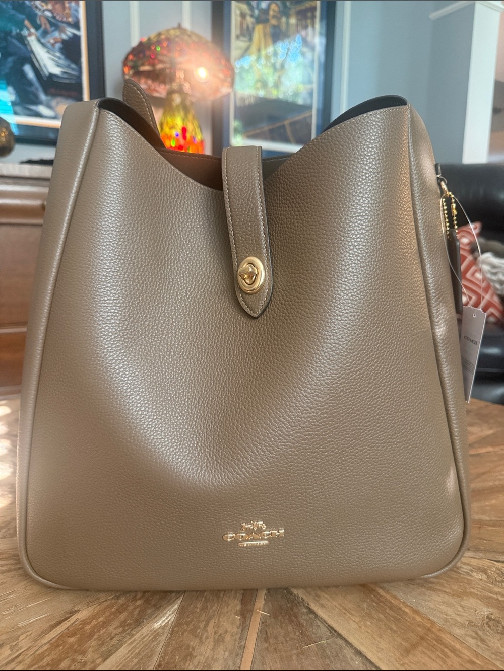 Coach Pebbled Leather Bucket Bag in Taupe